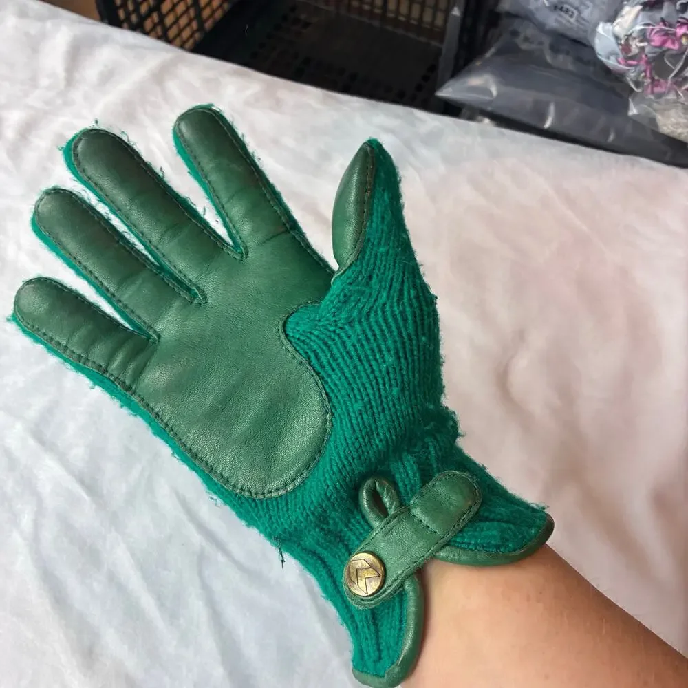 Vintage Forest Green Cable Lattice Knit Gloves Genuine Leather Trim Ladies OS